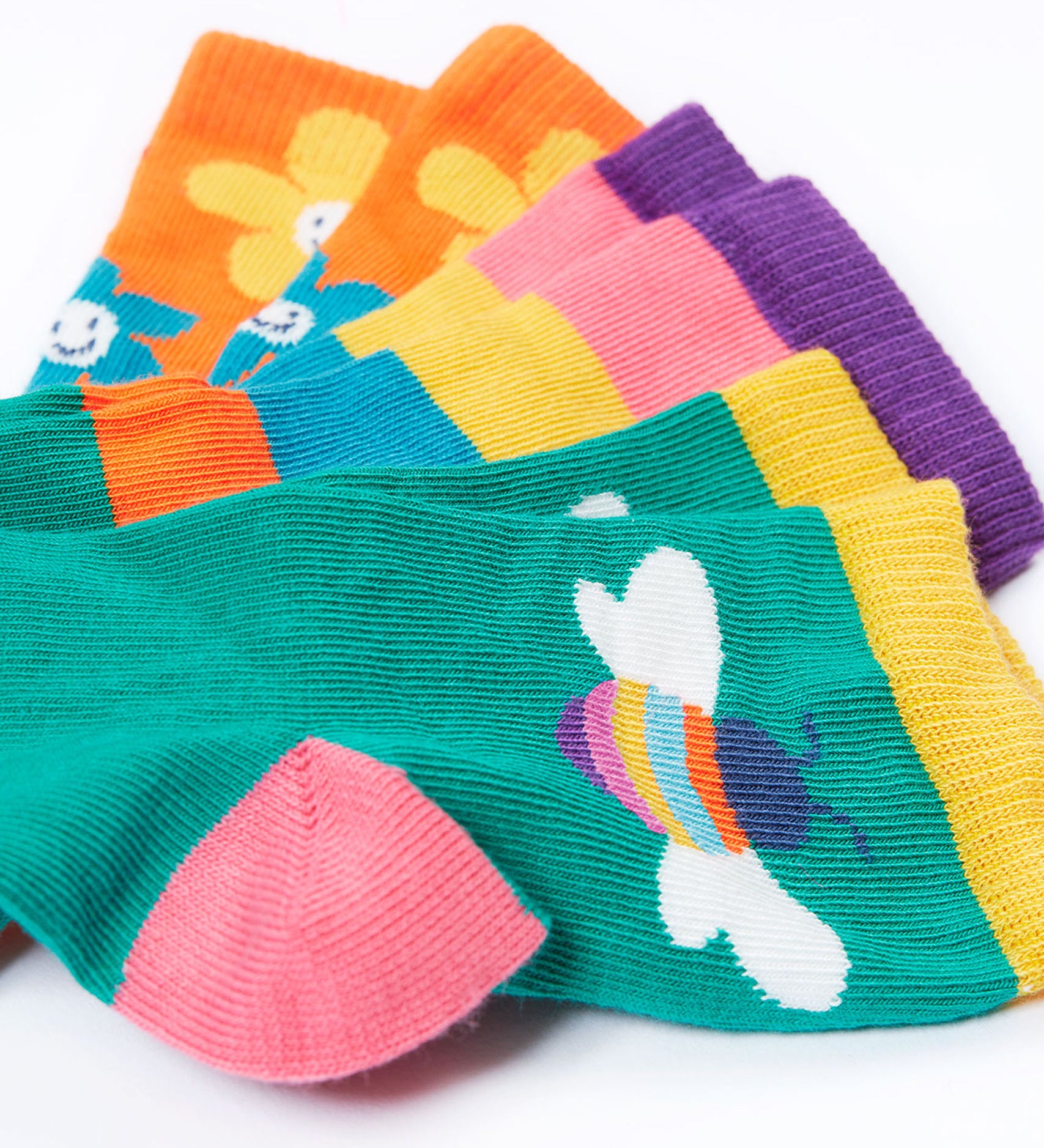 A close up of the designs on the Frugi Little Socks fun flowers 3 pack.