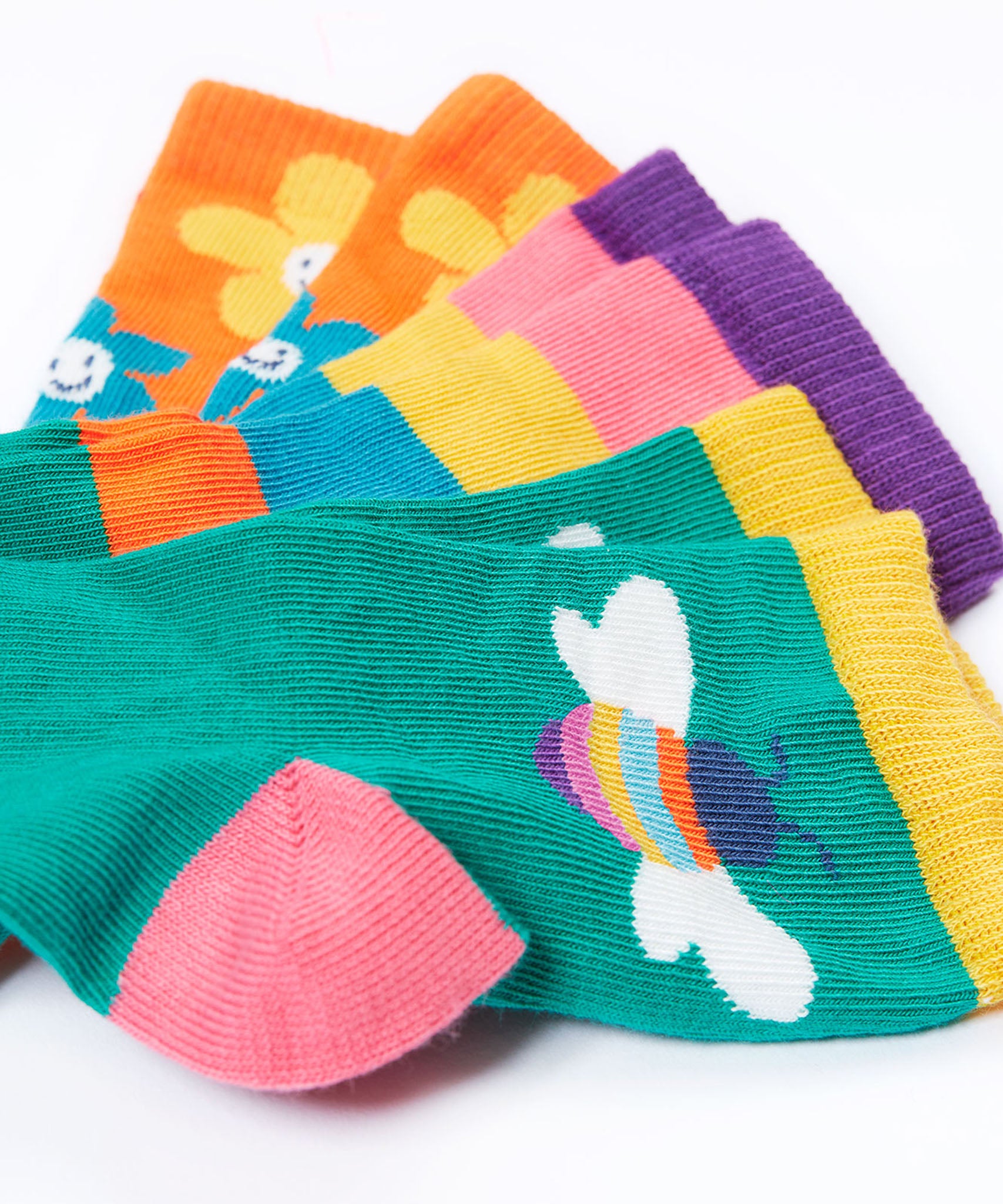 A close up of the designs on the Frugi Little Socks fun flowers 3 pack.