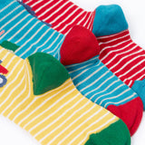 Frugi Little Socks in baby and toddler sizes in a 3 pack featuring farm themed striped designs.