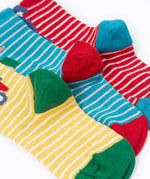 Frugi Little Socks in baby and toddler sizes in a 3 pack featuring farm themed striped designs.