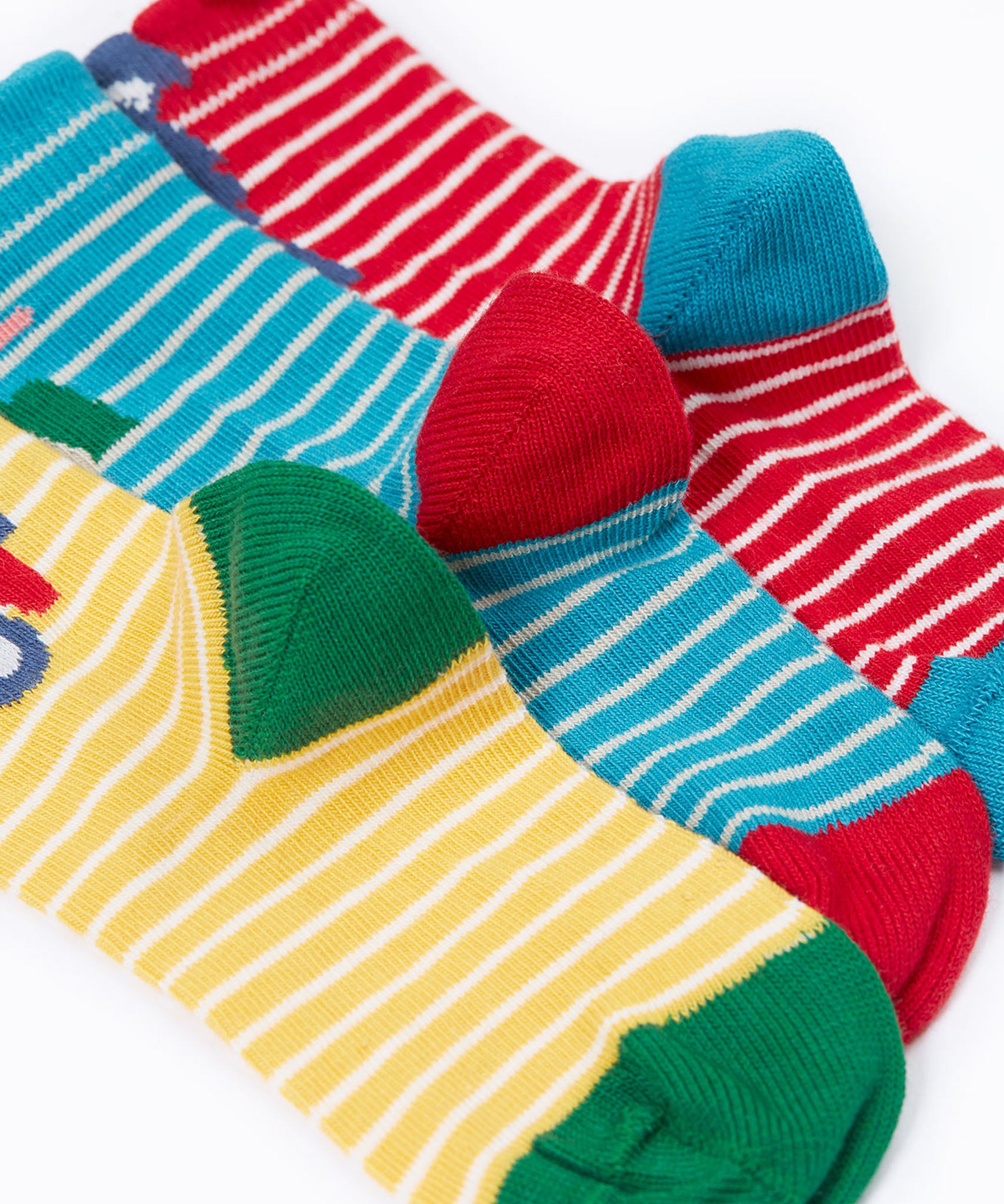 Frugi Little Socks in baby and toddler sizes in a 3 pack featuring farm themed striped designs.