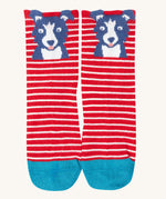 The red dog design socks from the Frugi Little Socks for baby and toddlers in a 3 pack featuring farm themed striped designs.