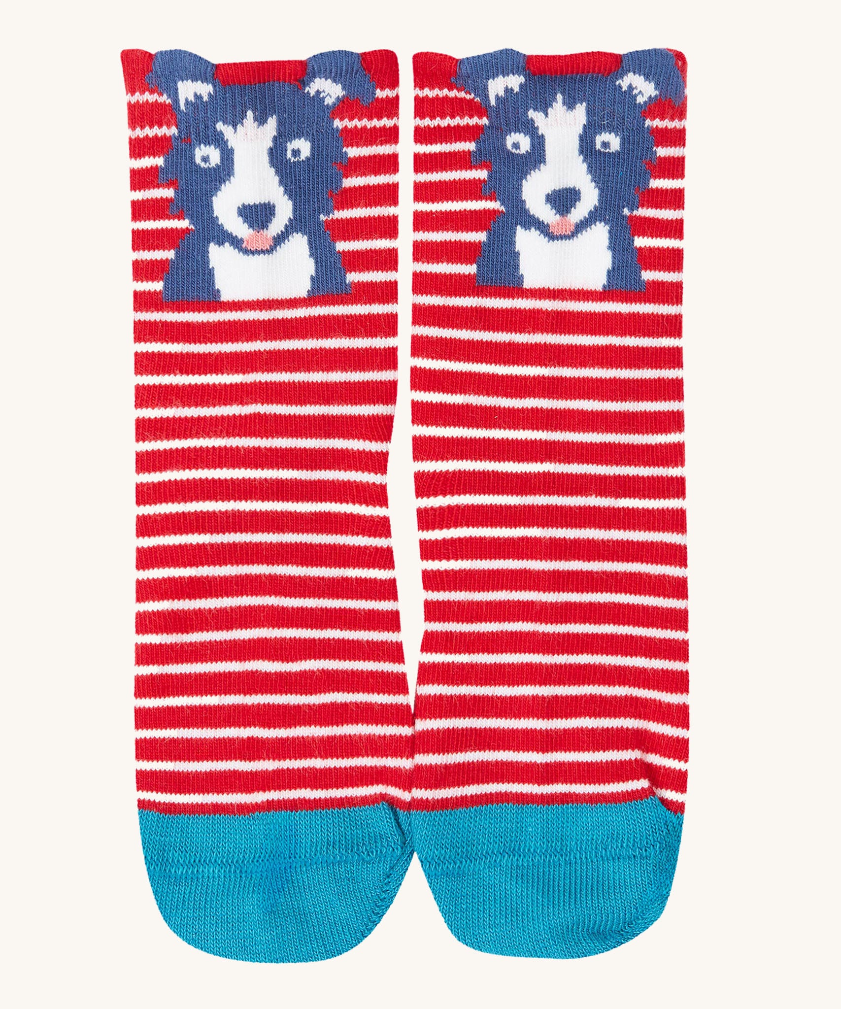 The red dog design socks from the Frugi Little Socks for baby and toddlers in a 3 pack featuring farm themed striped designs.