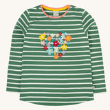 Frugi Louise embroidered heart holly green breton stripe long sleeved top.  