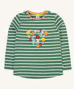 Frugi Louise embroidered heart holly green breton stripe long sleeved top.  