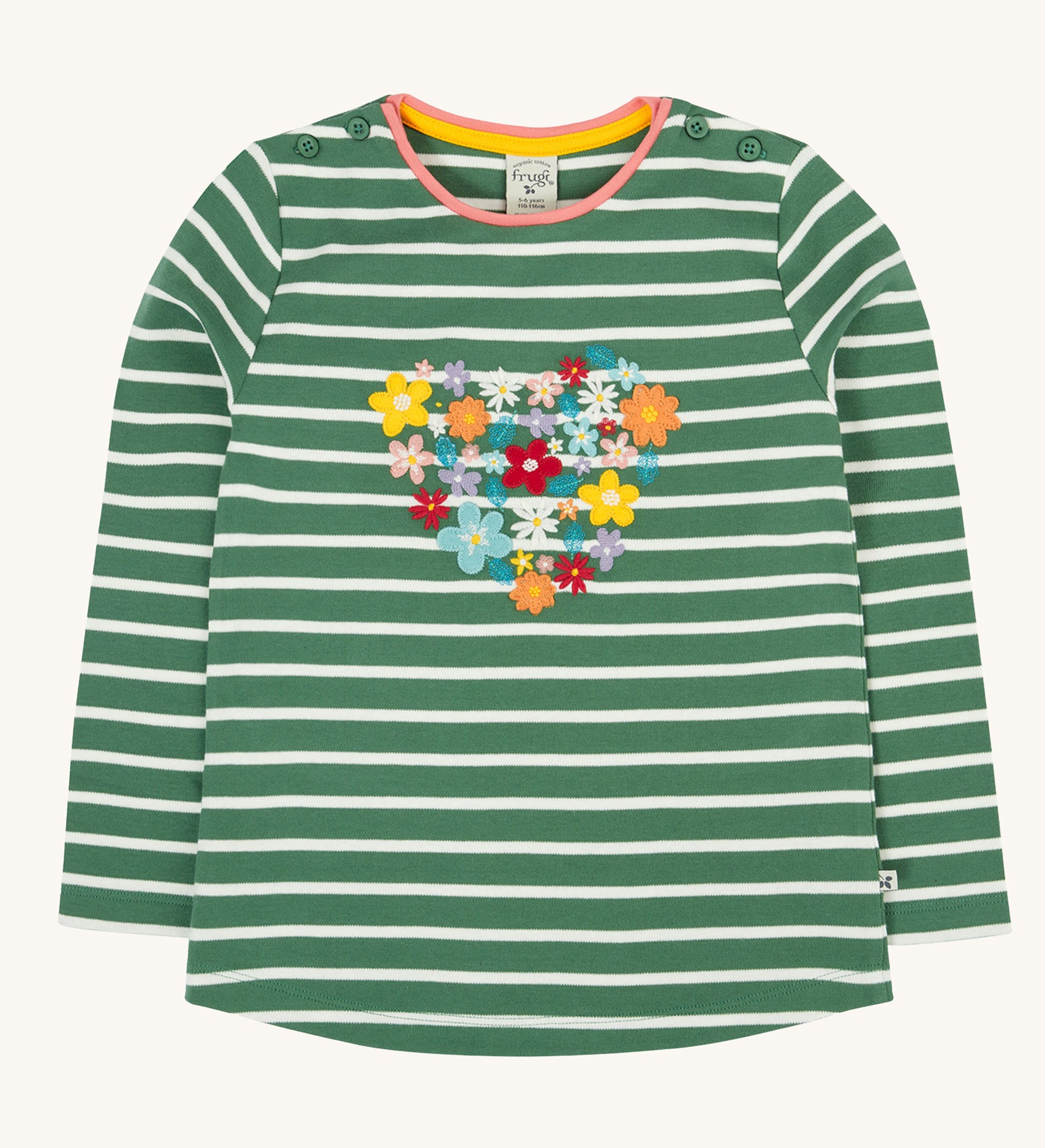 Frugi Louise embroidered heart holly green breton stripe long sleeved top.  