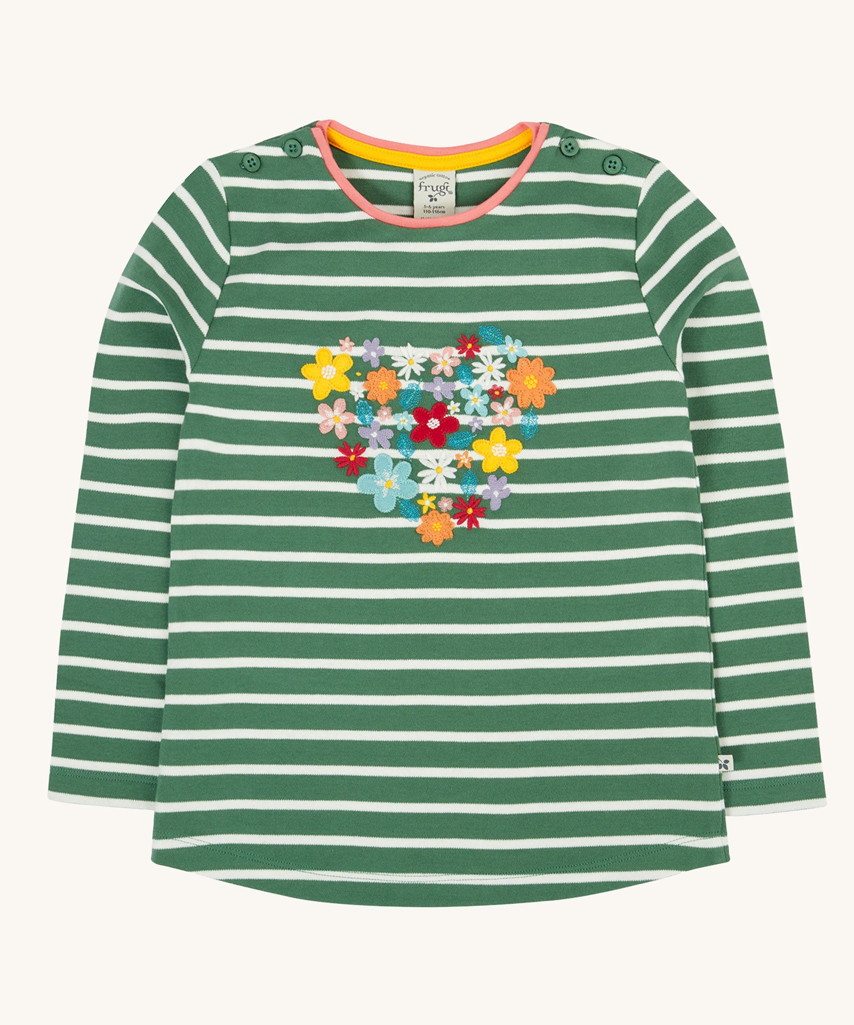 Frugi Louise embroidered heart holly green breton stripe long sleeved top.  