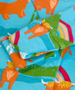 Close up of the scratch mit fold over cuffs on the Frugi lovely baby gift set featuring highland coos design on a babygrow and matching bandana dribble bib presented in a cardboard gift box.