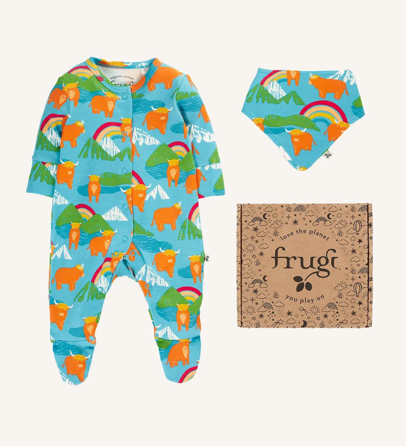 Frugi lovely baby gift set featuring highland coos design on a babygrow and matching bandana dribble bib presented in a cardboard gift box.