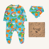Frugi lovely baby gift set featuring highland coos design on a babygrow and matching bandana dribble bib presented in a cardboard gift box.