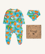 Frugi lovely baby gift set featuring highland coos design on a babygrow and matching bandana dribble bib presented in a cardboard gift box.