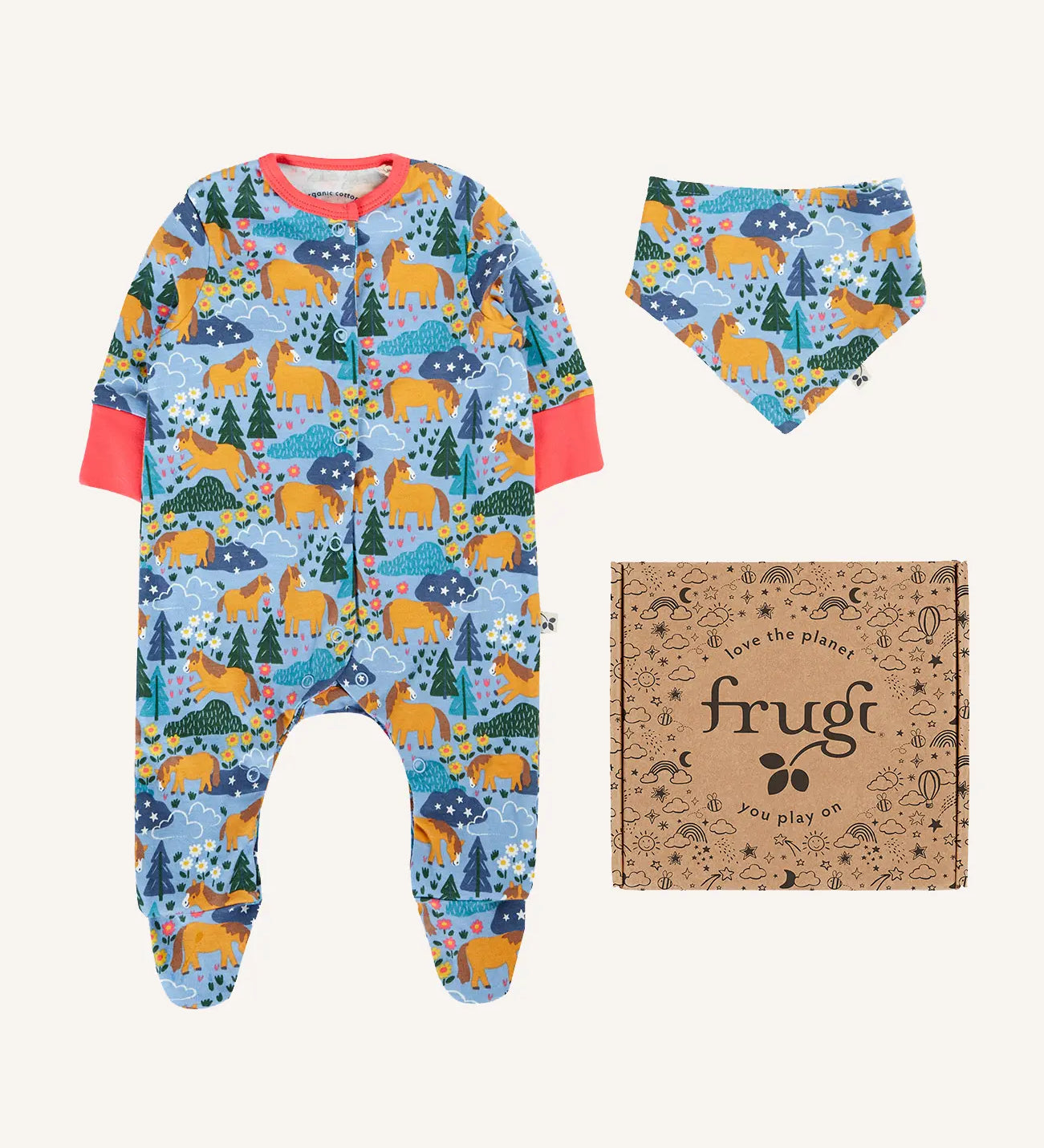 Frugi lovely baby gift set featuring wild shetland design on a babygrow and matching bandana dribble bib presented in a cardboard gift box.