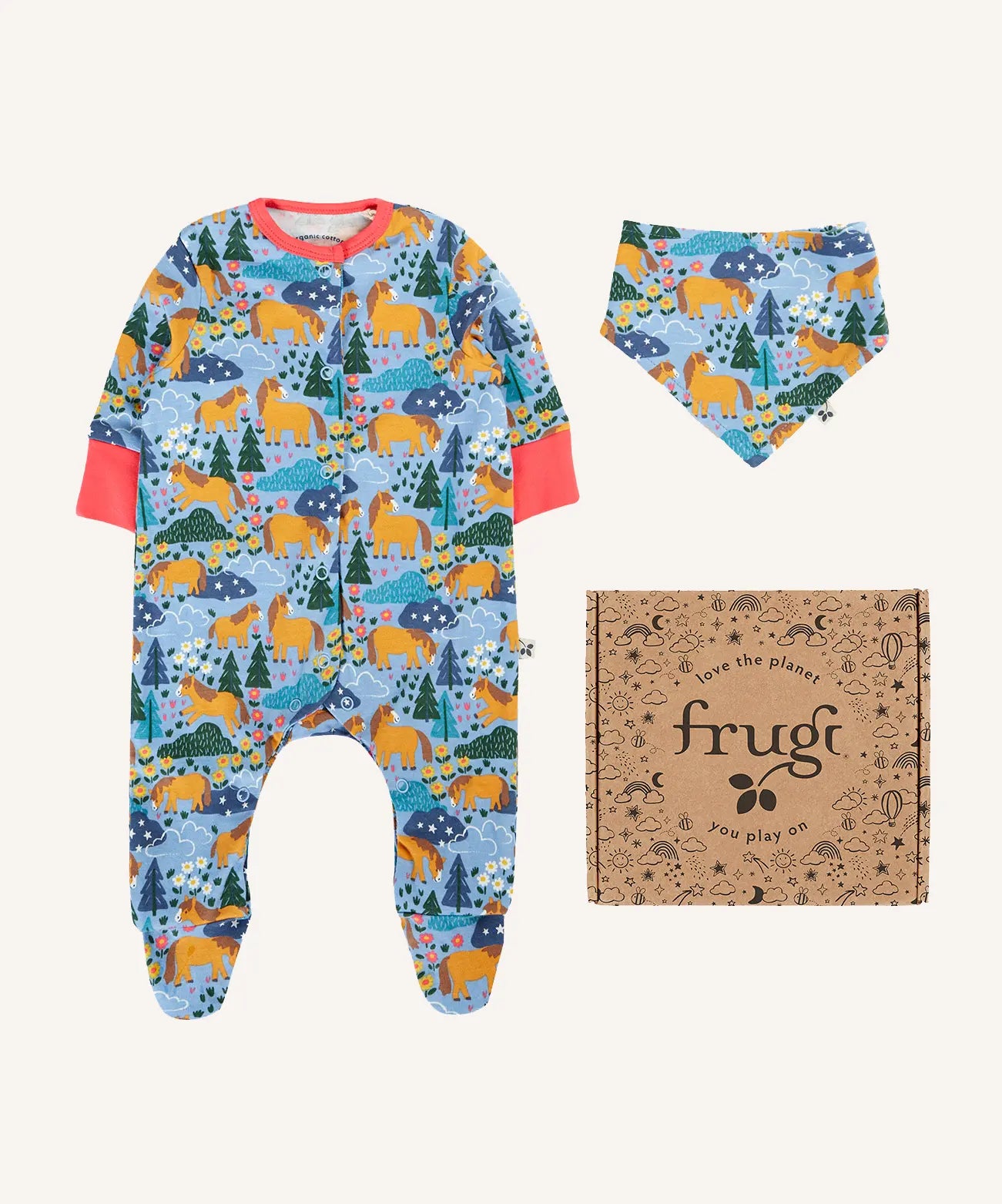 Frugi lovely baby gift set featuring wild shetland design on a babygrow and matching bandana dribble bib presented in a cardboard gift box.