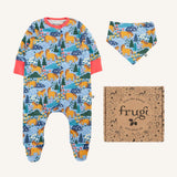Frugi lovely baby gift set featuring wild shetland design on a babygrow and matching bandana dribble bib presented in a cardboard gift box.