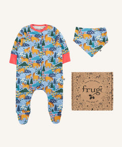 Frugi lovely baby gift set featuring wild shetland design on a babygrow and matching bandana dribble bib presented in a cardboard gift box.
