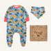 Frugi lovely baby gift set featuring wild shetland design on a babygrow and matching bandana dribble bib presented in a cardboard gift box.
