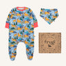 Frugi lovely baby gift set featuring wild shetland design on a babygrow and matching bandana dribble bib presented in a cardboard gift box.