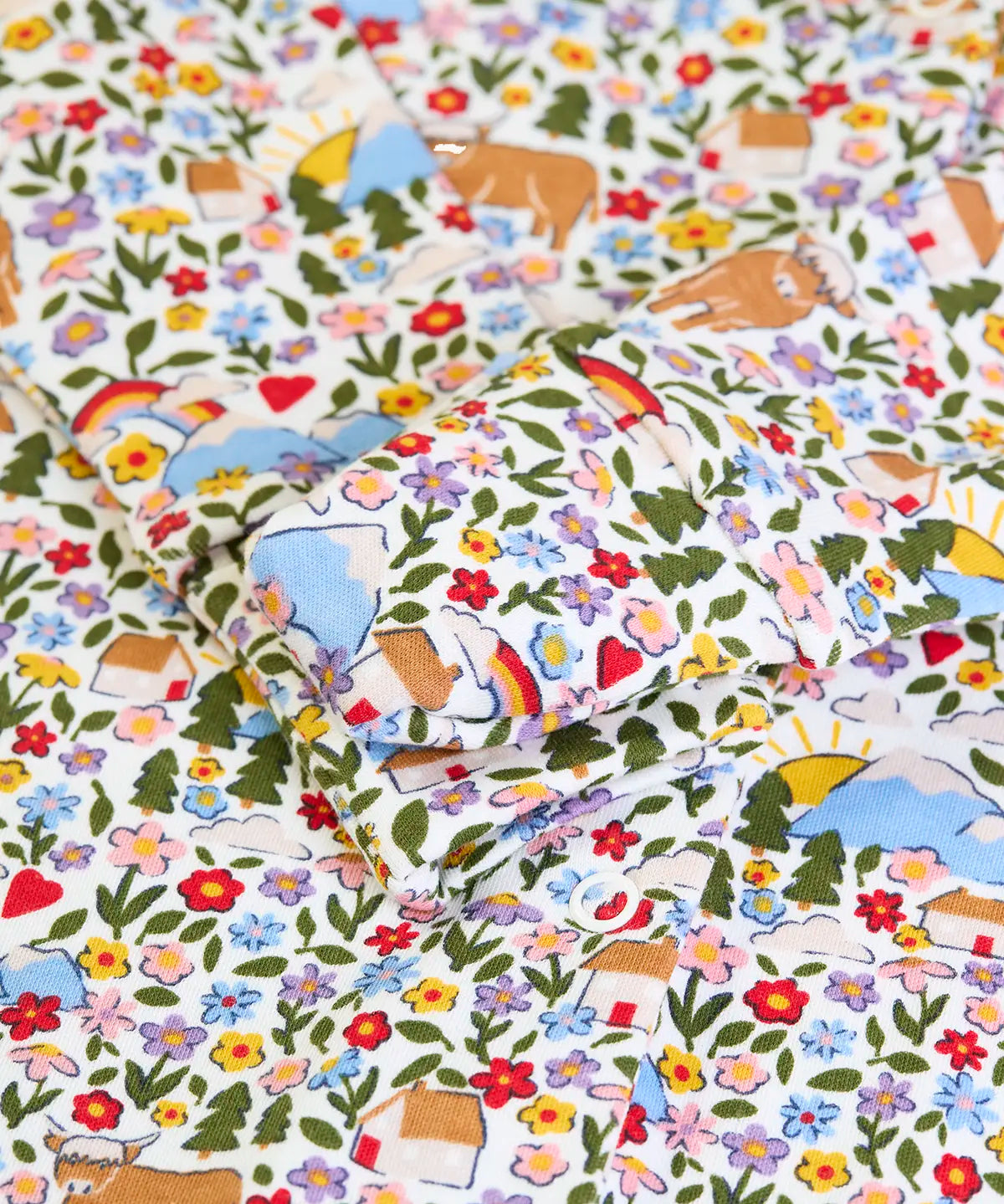 Close up of the fold over buuilt in scratch mitts on the Frugi lovely babygrow with an all over highland fields print. 
