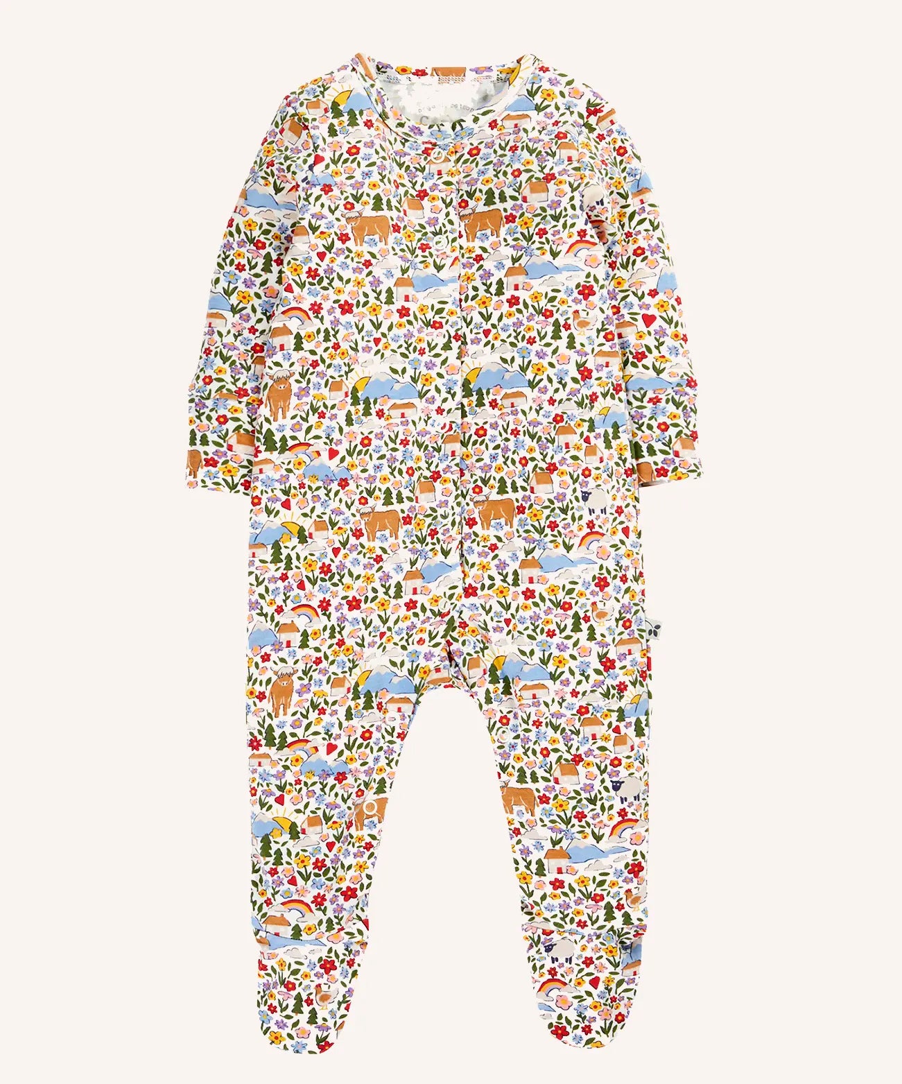 Frugi lovely babygrow with an all over highland fields print.