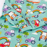 Close up of the fold over mitts on the Frugi organic cotton lovely babygrow sleepsuit with an all over terrific tractors print on a blue background. 