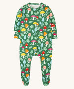 Frugi Lovely Babygrow with a fun guys design. The green coloured organic cotton babygrow has multi coloured mushrooms with happy faces.