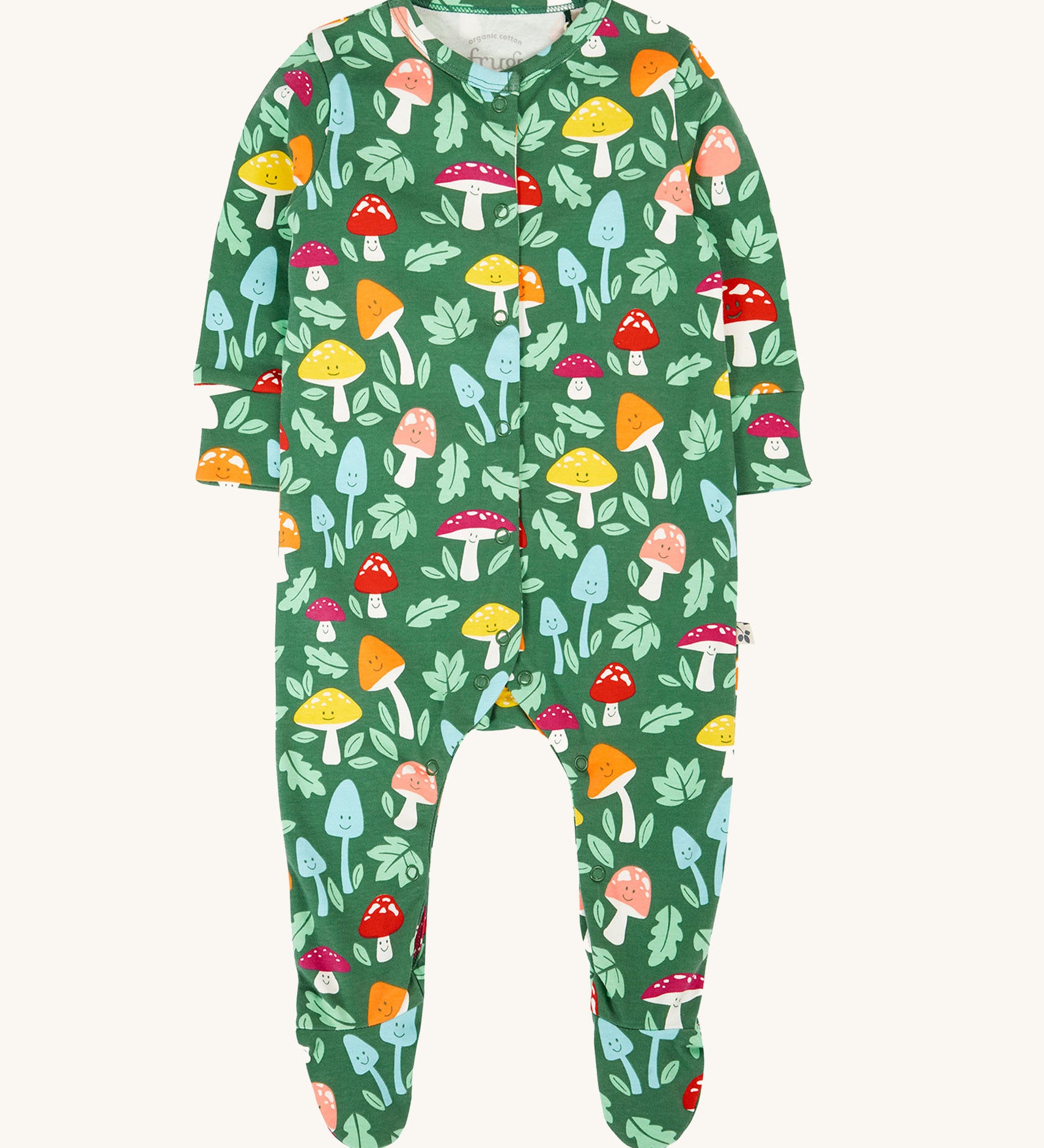 Frugi Lovely Babygrow with a fun guys design. The green coloured organic cotton babygrow has multi coloured mushrooms with happy faces.