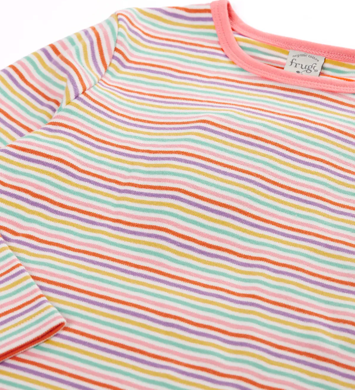 Frugi GOTS 100% organic cotton kids long sleeve top in a pink and purple pastel striped design with a light pink neck line