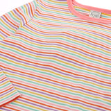 Frugi GOTS 100% organic cotton kids long sleeve top in a pink and purple pastel striped design with a light pink neck line