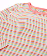 Frugi GOTS 100% organic cotton kids long sleeve top in a pink and purple pastel striped design with a light pink neck line