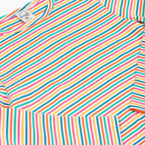 A close up of the Frugi Lucia Multi Stripe Long Sleeved Organic Cotton Top with the sleeves folded in. A multi-coloured, white, blue, yellow, pink and green thin striped design made with organic cotton.
