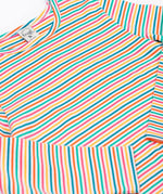 A close up of the Frugi Lucia Multi Stripe Long Sleeved Organic Cotton Top with the sleeves folded in. A multi-coloured, white, blue, yellow, pink and green thin striped design made with organic cotton.