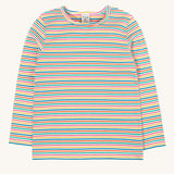 Frugi Lucia Multi Stripe Long Sleeved Organic Cotton Top. A multi-coloured, white, blue, yellow, pink and green thin striped design made with organic cotton.