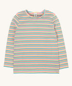 Frugi Lucia Multi Stripe Long Sleeved Organic Cotton Top. A multi-coloured, white, blue, yellow, pink and green thin striped design made with organic cotton.