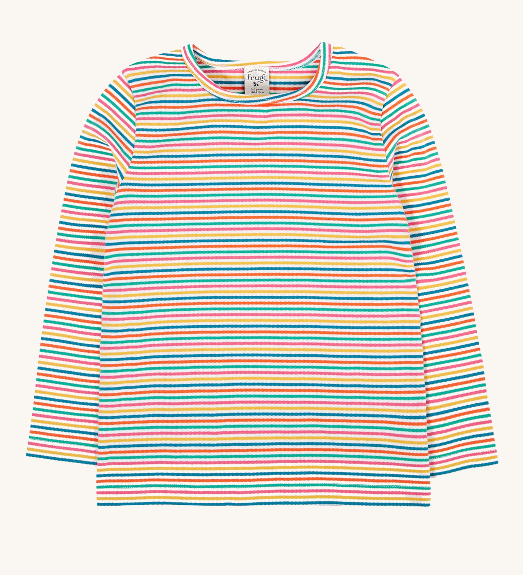 Frugi Lucia Multi Stripe Long Sleeved Organic Cotton Top. A multi-coloured, white, blue, yellow, pink and green thin striped design made with organic cotton.