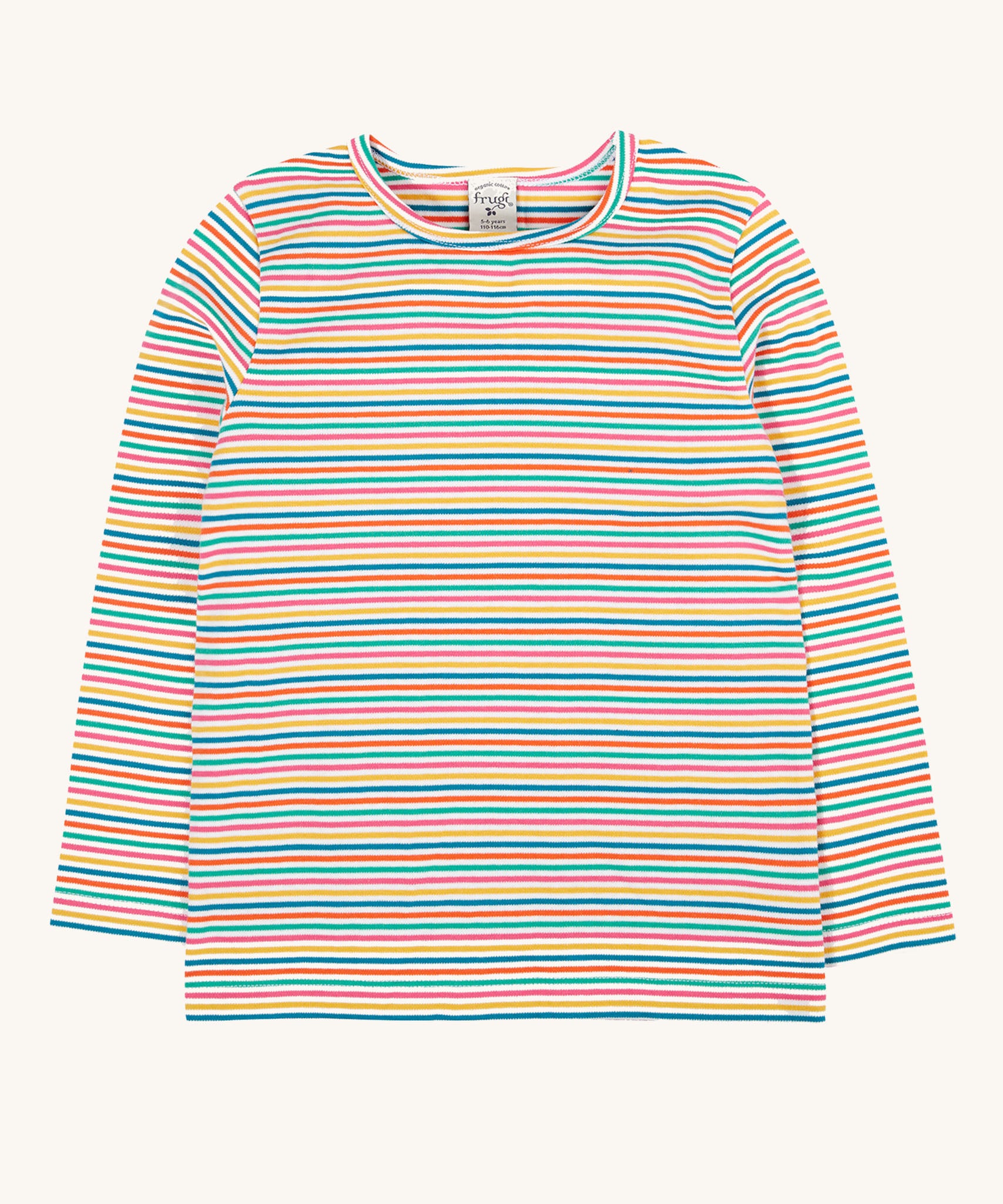 Frugi Lucia Multi Stripe Long Sleeved Organic Cotton Top. A multi-coloured, white, blue, yellow, pink and green thin striped design made with organic cotton.