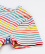 Close up of the Frugi kids Lucy dress cornflower rainbow stripe - showing the pastel stripe design and short sleeve detail on organic cotton fabric