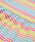 Close up of the Frugi kids Lucy dress cornflower rainbow stripe - showing the stitching detail separating the top half and bottom half of the dress on pastel stripe organic cotton fabric
