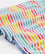 Close up of the Frugi kids Lucy dress cornflower rainbow stripe - showing the gentle frill detail on pastel stripe organic cotton fabric