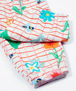 Close up of the Frugi baby Lula paint a floral playsuit. Showing the elasticated leg cuff detail on white and red check organic cotton fabric
