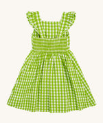 Frugi kids macaw gingam birds dress - GOTS organic cotton kids dress with green and white gingham, sleeveless with gentle ruffle with a back strap fastener and a elasticated waist band.