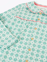 Close up of the long sleeved top from the Frugi magic nights organic cotton hayley traditional pyjamas.