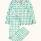 Frugi magic nights organic cotton hayley traditional pyjamas. Light green and white check style with hearts and stars. Pink frill around the collar and across the chest.