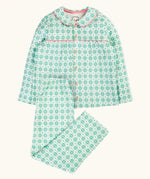 Frugi magic nights organic cotton hayley traditional pyjamas. Light green and white check style with hearts and stars. Pink frill around the collar and across the chest.
