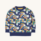 Frugi child's Organic Cotton Mawnan Jumper with a Magic Skies print. A navy background with white stars and rainbow swirls all over. This jumper is a part of a wide range of organic cotton clothing for children available here at Babipur. 