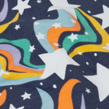 A close up of the print on the Frugi child's Organic Cotton Mawnan Jumper with a Magic Skies print. A navy background with white stars and rainbow swirls all over. This jumper is a part of a wide range of organic cotton clothing for children available here at Babipur. 