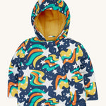 Frugi rambler coat in magic stars from thr 2 in 1 pram suit. A navy hooded coat with a playful outer space inspired design. Features a yellow fleece liner for warmth 