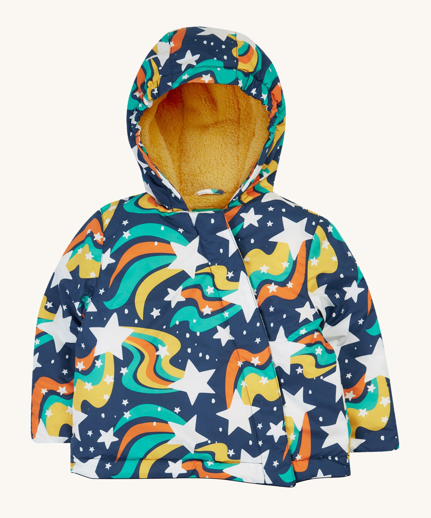 Frugi rambler coat in magic stars from thr 2 in 1 pram suit. A navy hooded coat with a playful outer space inspired design. Features a yellow fleece liner for warmth 