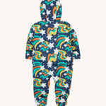 The back of the Frugi 2 in 1 rambler pram suit to coat in magic stars. A 2 in 1 navy outfit in a playful outer space design. Features a footed trouser and hooded coat.