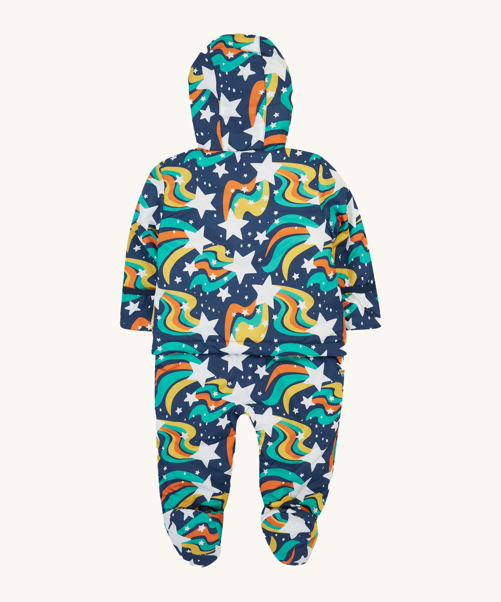 The back of the Frugi 2 in 1 rambler pram suit to coat in magic stars. A 2 in 1 navy outfit in a playful outer space design. Features a footed trouser and hooded coat.