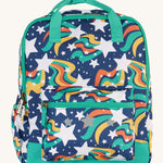 Frugi explorers backpack in magic stars. A navy backpack with turquoise trim and a outer space inspired design. Features a main compartment a smaller compartment on the front and a bottle holder